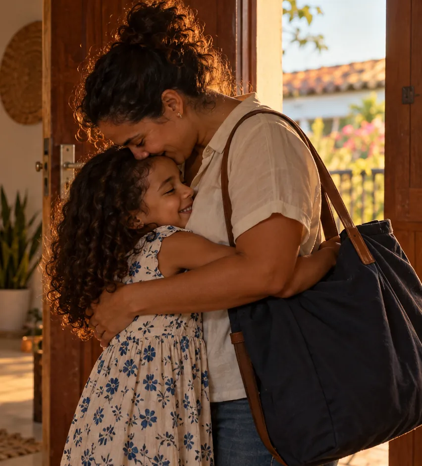 Mãe chegando em casa e abraçando a filha