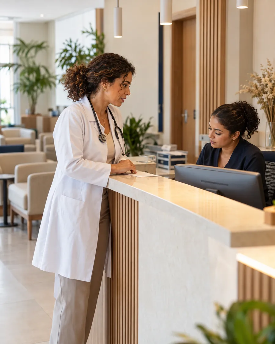 Médica conversando com a recepcionista do próprio consultório